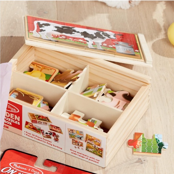 NWT Melissa & Doug wooden puzzles in a box farm animals cow horse pig rooster - Picture 4 of 6